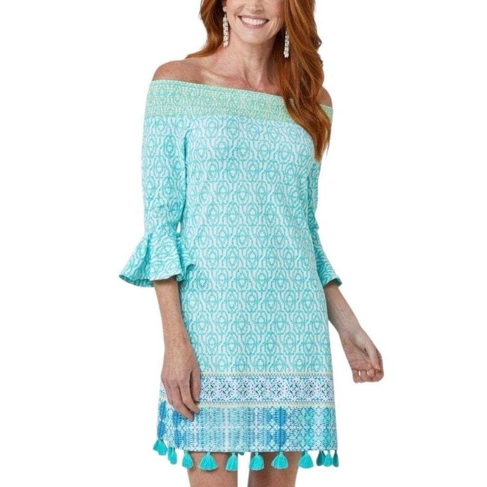 Cabana Life Coastal Cottage Geo Off The Shoulder tassel Dress Aqua Stretch 2X‎